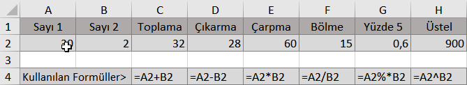 Excel aritmetik işlem formüllerii