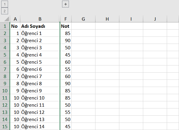 Excel gizli grup sütunları gösterme