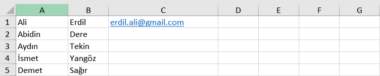Excel otomatik mail adresi doldurma